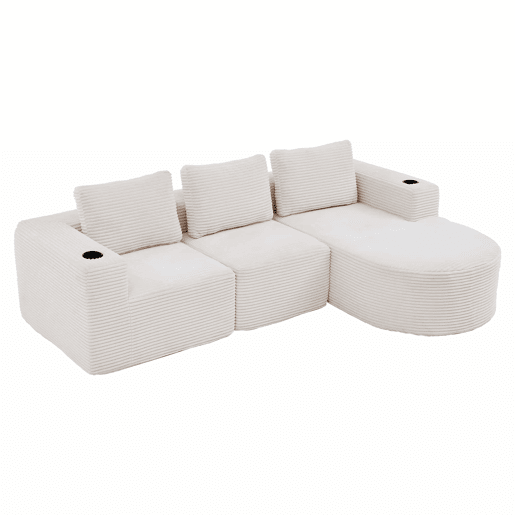 Sofá de 3 lugares, 258 cm - compacto, com 3 almofadas e porta-copos - bege Sofá de 3 lugares, 258 cm - compacto, com 3 almofadas e porta-copos - bege