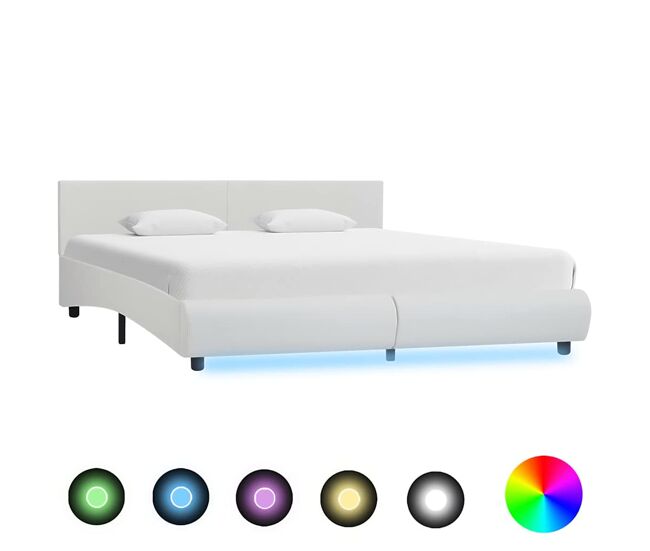Estructura de cama doble matrimonial con led cuero sintético blanco 160x200 cm