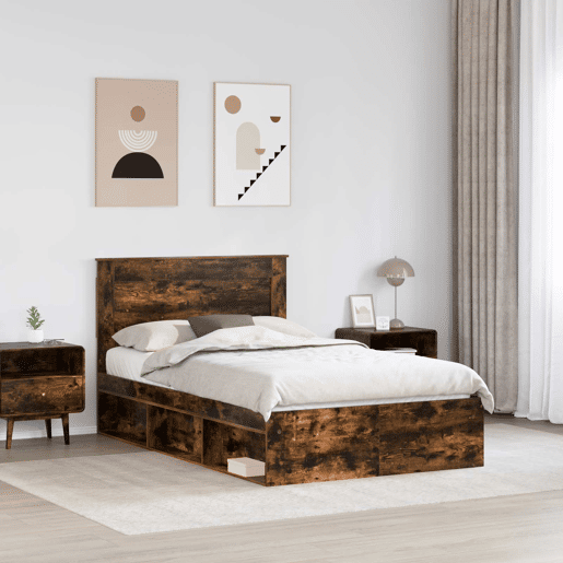 Estrutura de cama de casal com cabeceira - Carvalho Defumado 135 x 190 cm Estrutura de cama de casal com cabeceira - Carvalho Defumado 135 x 190 cm