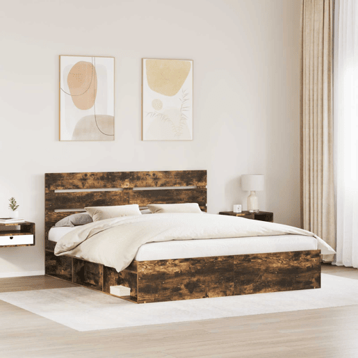 Estrutura de cama de casal com cabeceira - Carvalho Defumado 200 x 200 cm