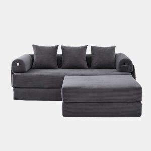 Sofá modular de 3 lugares - com pufe, estrutura em metal, 3 almofadas confortáveis, almofada de espuma densa - cor cinzenta escura