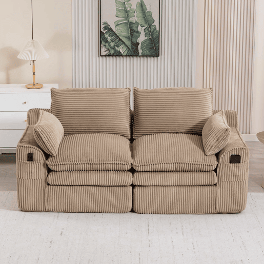Sofá modular de veludo de 2 lugares - com almofadas incluídas, bolsos laterais de dois tamanhos, espuma de 3 camadas e núcleo de molas para recuperação rápida - cáqui Sofá modular de veludo de 2 lugares - com almofadas incluídas, bolsos laterais de dois tamanhos, espuma de 3 camadas e núcleo de molas para recuperação rápida - cáqui