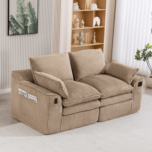 Sofá modular de veludo de 2 lugares - com almofadas incluídas, bolsos laterais de dois tamanhos, espuma de 3 camadas e núcleo de molas para recuperação rápida - cáqui Sofá modular de veludo de 2 lugares - com almofadas incluídas, bolsos laterais de dois tamanhos, espuma de 3 camadas e núcleo de molas para recuperação rápida - cáqui