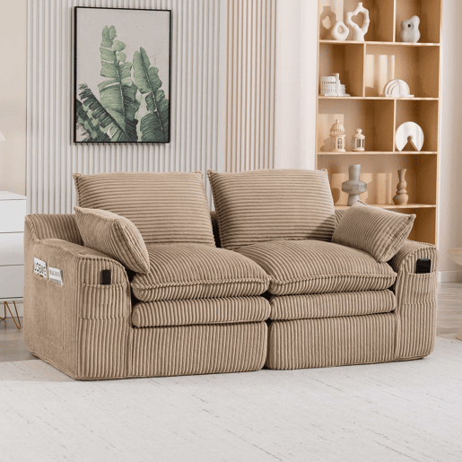 Sofá modular de veludo de 2 lugares - com almofadas incluídas, bolsos laterais de dois tamanhos, espuma de 3 camadas e núcleo de molas para recuperação rápida - cáqui Sofá modular de veludo de 2 lugares - com almofadas incluídas, bolsos laterais de dois tamanhos, espuma de 3 camadas e núcleo de molas para recuperação rápida - cáqui