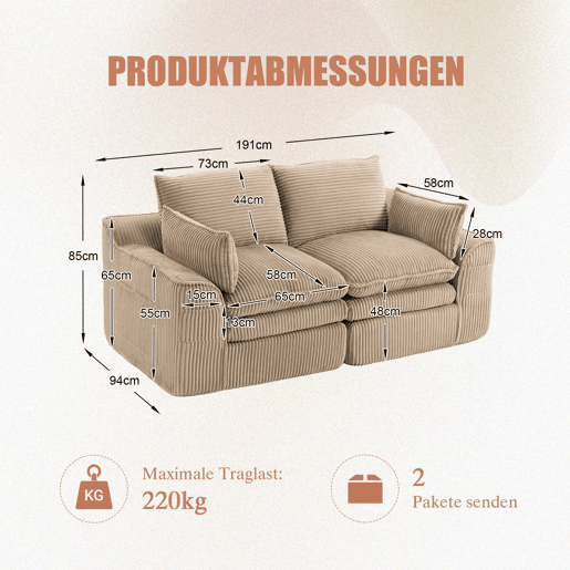 Sofá modular de veludo de 2 lugares - com almofadas incluídas, bolsos laterais de dois tamanhos, espuma de 3 camadas e núcleo de molas para recuperação rápida - cáqui Sofá modular de veludo de 2 lugares - com almofadas incluídas, bolsos laterais de dois tamanhos, espuma de 3 camadas e núcleo de molas para recuperação rápida - cáqui