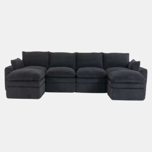 Sofá modular de 4 lugares - Inclui 2 pufes, almofadas e 2 bolsos laterais, espuma de 3 camadas + molas para uma rápida recuperação - Cor preta