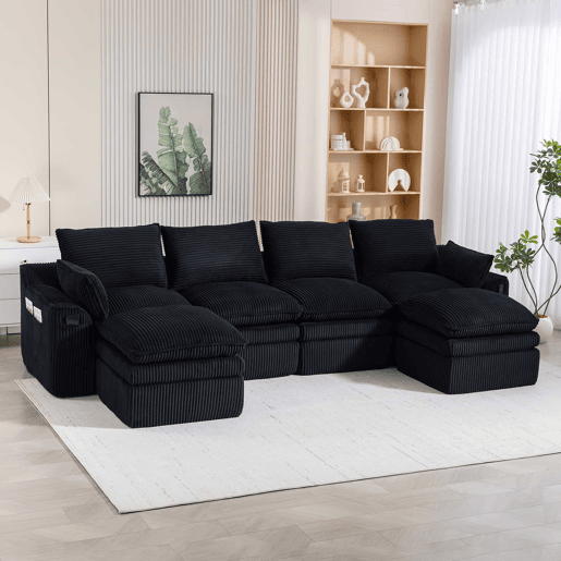 Sofá modular de 4 lugares - Inclui 2 pufes, almofadas e 2 bolsos laterais, espuma de 3 camadas + molas para uma rápida recuperação - Cor preta Sofá modular de 4 lugares - Inclui 2 pufes, almofadas e 2 bolsos laterais, espuma de 3 camadas + molas para uma rápida recuperação - Cor preta