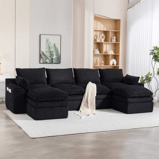 Sofá modular de 4 lugares - Inclui 2 pufes, almofadas e 2 bolsos laterais, espuma de 3 camadas + molas para uma rápida recuperação - Cor preta Sofá modular de 4 lugares - Inclui 2 pufes, almofadas e 2 bolsos laterais, espuma de 3 camadas + molas para uma rápida recuperação - Cor preta