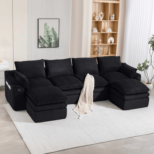 Sofá modular de 4 lugares - Inclui 2 pufes, almofadas e 2 bolsos laterais, espuma de 3 camadas + molas para uma rápida recuperação - Cor preta Sofá modular de 4 lugares - Inclui 2 pufes, almofadas e 2 bolsos laterais, espuma de 3 camadas + molas para uma rápida recuperação - Cor preta