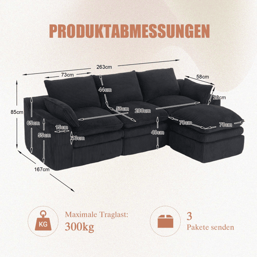 Sofá modular de 4 lugares - Inclui 2 pufes, almofadas e 2 bolsos laterais, espuma de 3 camadas + molas para uma rápida recuperação - Cor preta Sofá modular de 4 lugares - Inclui 2 pufes, almofadas e 2 bolsos laterais, espuma de 3 camadas + molas para uma rápida recuperação - Cor preta