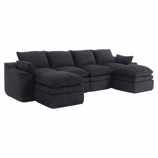 Sofá modular de 4 lugares - Inclui 2 pufes, almofadas e 2 bolsos laterais, espuma de 3 camadas + molas para uma rápida recuperação - Cor preta Sofá modular de 4 lugares - Inclui 2 pufes, almofadas e 2 bolsos laterais, espuma de 3 camadas + molas para uma rápida recuperação - Cor preta