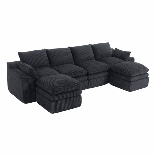 Sofá modular de 4 lugares - Inclui 2 pufes, almofadas e 2 bolsos laterais, espuma de 3 camadas + molas para uma rápida recuperação - Cor preta Sofá modular de 4 lugares - Inclui 2 pufes, almofadas e 2 bolsos laterais, espuma de 3 camadas + molas para uma rápida recuperação - Cor preta