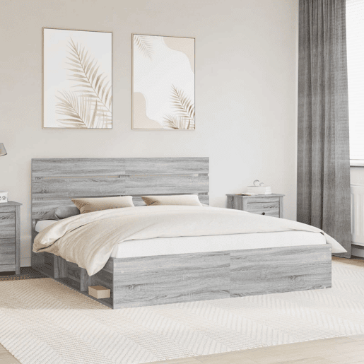 Estrutura de cama de casal king size com cabeceira - Cinza Sonoma 200 x 200 cm