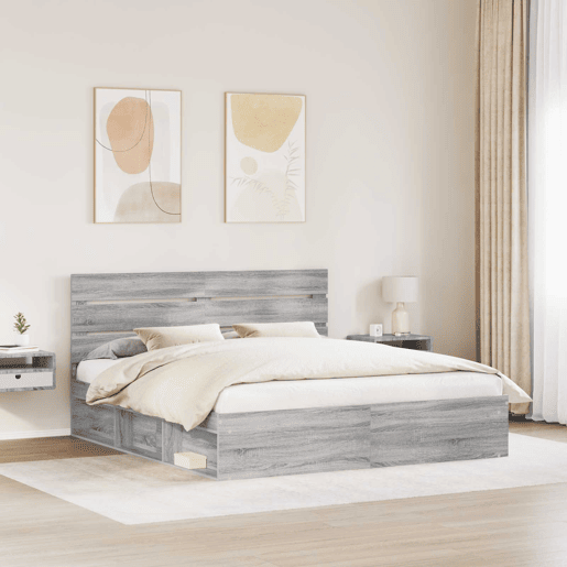 Estrutura de cama de casal king size com cabeceira - Cinza Sonoma 200 x 200 cm