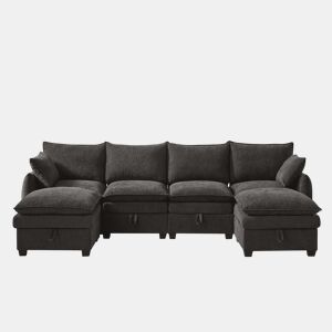 Sofá modular de 6 lugares - Com arrumação, almofadas e travesseiros nos braços, estofo em chenille, estrutura em madeira maciça - Cinza