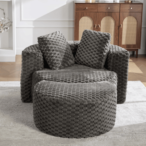 Poltrona individual com otomana 130×115×103 cm - Poltrona-cama redonda extragrande, sem montagem, sofá sem estrutura - Cinza escuro