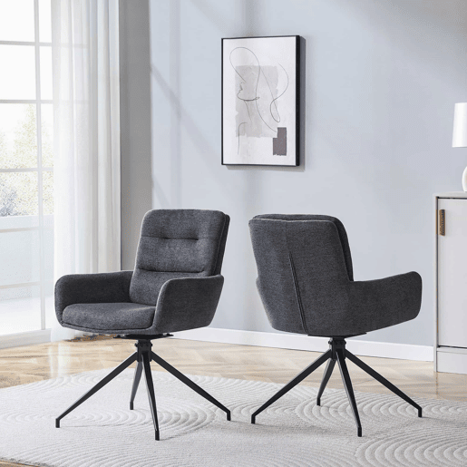 Cadeira giratória europeia 2 unidades - design luxuoso, linho cinza escuro, pernas metálicas pretas