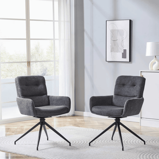 Cadeira giratória europeia 2 unidades - design luxuoso, linho cinza escuro, pernas metálicas pretas
