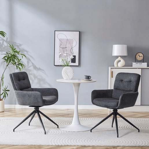 Cadeira giratória europeia 2 unidades - design luxuoso, linho cinza escuro, pernas metálicas pretas