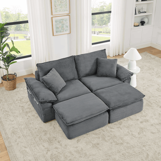 Sofá modular sem estrutura de 2 lugares - sofá Cloud com estofamento macio, sem montagem, com apoio para os pés, bolsos de arrumação, convertível em poltrona-cama - cinzento claro