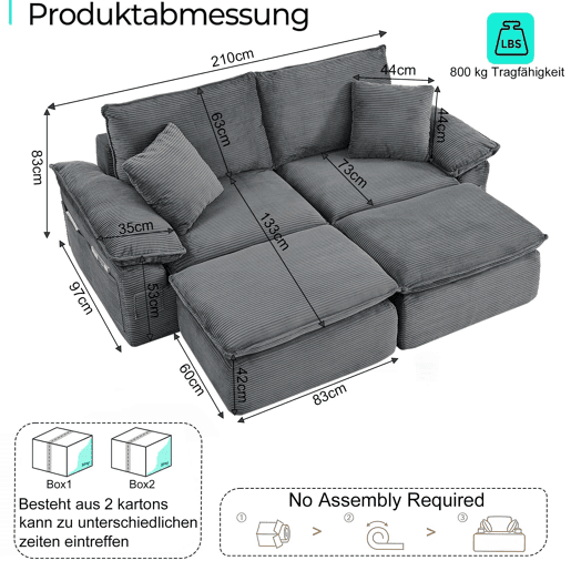 Sofá modular sem estrutura de 2 lugares - sofá Cloud com estofamento macio, sem montagem, com apoio para os pés, bolsos de arrumação, convertível em poltrona-cama - cinzento claro