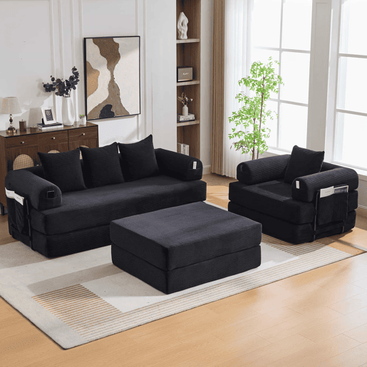 Sofá modular de 4 lugares - inclui pufe, estrutura metálica resistente, bolso lateral, 4 almofadas confortáveis - preto