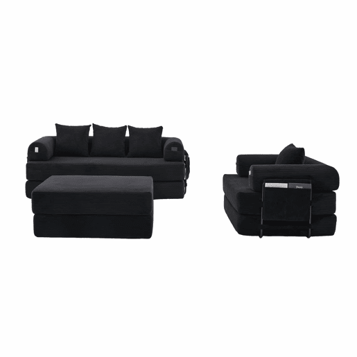 Sofá modular de 4 lugares - inclui pufe, estrutura metálica resistente, bolso lateral, 4 almofadas confortáveis - preto