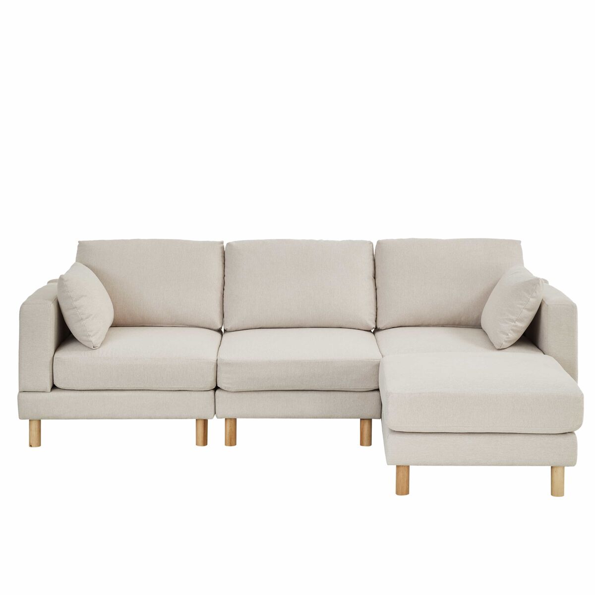 Sofá esquinero nórdico 3 plazas con puf 235x152x78 cm - en l, poliéster, patas de madera maciza, estilo moderno - beige