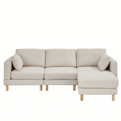 Sofá de canto nórdico de 3 lugares com pufe 235x152x78 cm - em L, poliéster, pés em madeira maciça, estilo moderno - bege Sofá de canto nórdico de 3 lugares com pufe 235x152x78 cm - em L, poliéster, pés em madeira maciça, estilo moderno - bege
