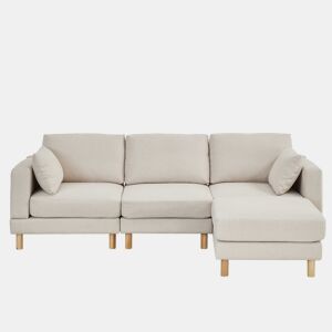 Sofá de canto nórdico de 3 lugares com pufe 235x152x78 cm - em L, poliéster, pés em madeira maciça, estilo moderno - bege