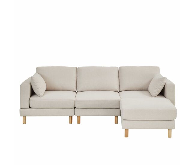 Sofá esquinero nórdico 3 plazas con puf 235x152x78 cm - en l, poliéster, patas de madera maciza, estilo moderno - beige