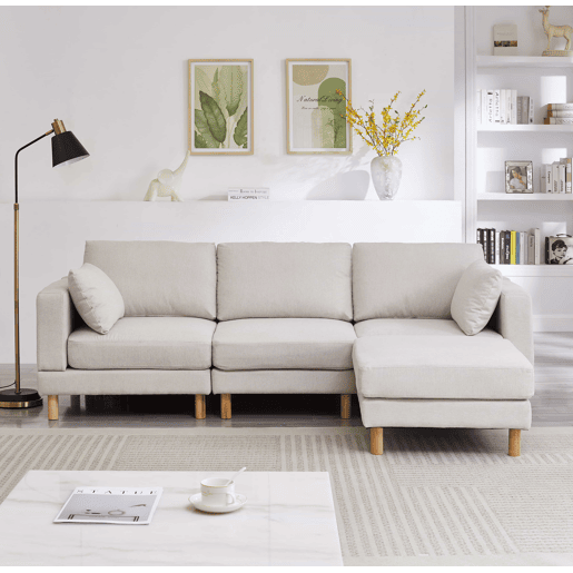 Sofá de canto nórdico de 3 lugares com pufe 235x152x78 cm - em L, poliéster, pés em madeira maciça, estilo moderno - bege Sofá de canto nórdico de 3 lugares com pufe 235x152x78 cm - em L, poliéster, pés em madeira maciça, estilo moderno - bege