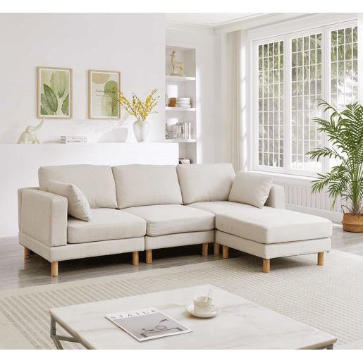Sofá de canto nórdico de 3 lugares com pufe 235x152x78 cm - em L, poliéster, pés em madeira maciça, estilo moderno - bege Sofá de canto nórdico de 3 lugares com pufe 235x152x78 cm - em L, poliéster, pés em madeira maciça, estilo moderno - bege
