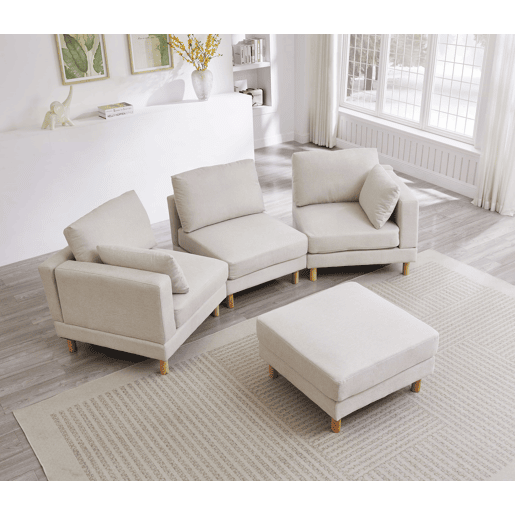 Sofá de canto nórdico de 3 lugares com pufe 235x152x78 cm - em L, poliéster, pés em madeira maciça, estilo moderno - bege Sofá de canto nórdico de 3 lugares com pufe 235x152x78 cm - em L, poliéster, pés em madeira maciça, estilo moderno - bege