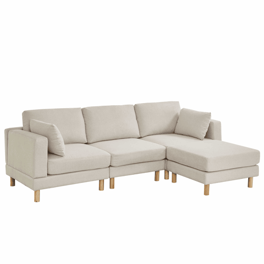Sofá de canto nórdico de 3 lugares com pufe 235x152x78 cm - em L, poliéster, pés em madeira maciça, estilo moderno - bege Sofá de canto nórdico de 3 lugares com pufe 235x152x78 cm - em L, poliéster, pés em madeira maciça, estilo moderno - bege