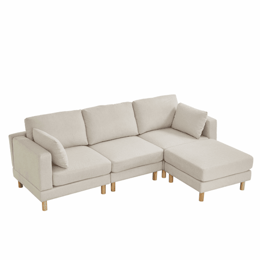 Sofá de canto nórdico de 3 lugares com pufe 235x152x78 cm - em L, poliéster, pés em madeira maciça, estilo moderno - bege Sofá de canto nórdico de 3 lugares com pufe 235x152x78 cm - em L, poliéster, pés em madeira maciça, estilo moderno - bege