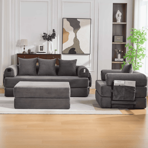 Sofá modular de 4 lugares - Cordão, com estrutura metálica e 4 almofadas - Cinza escuro Sofá modular de 4 lugares - Cordão, com estrutura metálica e 4 almofadas - Cinza escuro