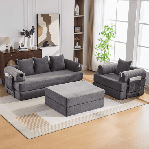Sofá modular de 4 lugares - Cordão, com estrutura metálica e 4 almofadas - Cinza escuro Sofá modular de 4 lugares - Cordão, com estrutura metálica e 4 almofadas - Cinza escuro