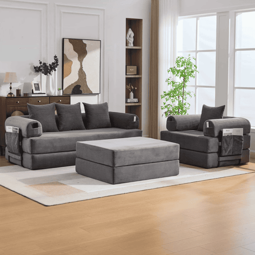 Sofá modular de 4 lugares - Cordão, com estrutura metálica e 4 almofadas - Cinza escuro Sofá modular de 4 lugares - Cordão, com estrutura metálica e 4 almofadas - Cinza escuro