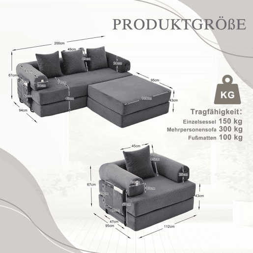 Sofá modular de 4 lugares - Cordão, com estrutura metálica e 4 almofadas - Cinza escuro Sofá modular de 4 lugares - Cordão, com estrutura metálica e 4 almofadas - Cinza escuro