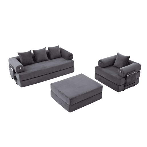 Sofá modular de 4 lugares - Cordão, com estrutura metálica e 4 almofadas - Cinza escuro Sofá modular de 4 lugares - Cordão, com estrutura metálica e 4 almofadas - Cinza escuro