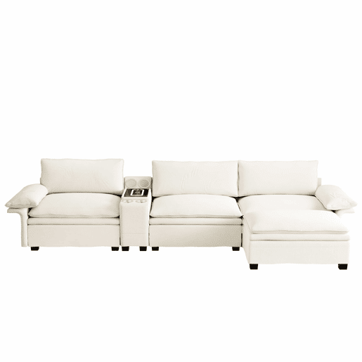 Sofá modular em L com 315 cm e 4 lugares u2013 com arrumação, otomana, carregamento sem fios, altifalantes, luzes LED e porta-copos, estofo em chenille tipo «cloud» u2013 bege Sofá modular em L com 315 cm e 4 lugares u2013 com arrumação, otomana, carregamento sem fios, altifalantes, luzes LED e porta-copos, estofo em chenille tipo «cloud» u2013 bege