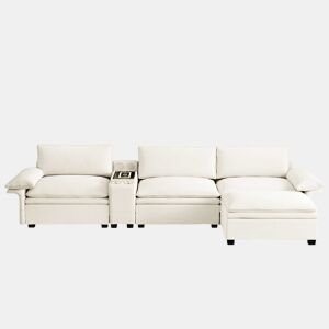 Sofá modular em L com 315 cm e 4 lugares u2013 com arrumação, otomana, carregamento sem fios, altifalantes, luzes LED e porta-copos, estofo em chenille tipo «cloud» u2013 bege