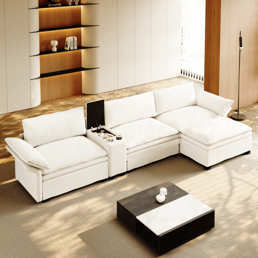 Sofá modular em L com 315 cm e 4 lugares u2013 com arrumação, otomana, carregamento sem fios, altifalantes, luzes LED e porta-copos, estofo em chenille tipo «cloud» u2013 bege Sofá modular em L com 315 cm e 4 lugares u2013 com arrumação, otomana, carregamento sem fios, altifalantes, luzes LED e porta-copos, estofo em chenille tipo «cloud» u2013 bege