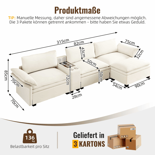 Sofá modular em L com 315 cm e 4 lugares u2013 com arrumação, otomana, carregamento sem fios, altifalantes, luzes LED e porta-copos, estofo em chenille tipo «cloud» u2013 bege Sofá modular em L com 315 cm e 4 lugares u2013 com arrumação, otomana, carregamento sem fios, altifalantes, luzes LED e porta-copos, estofo em chenille tipo «cloud» u2013 bege