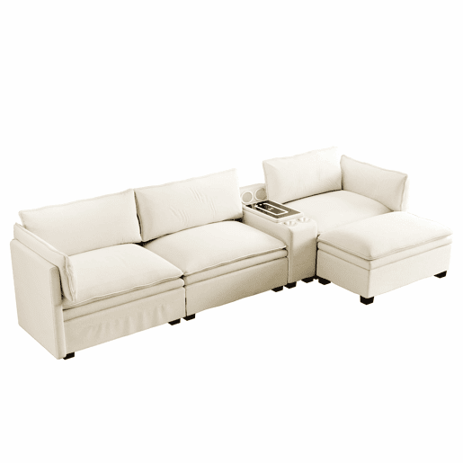 Sofá modular em L com 315 cm e 4 lugares u2013 com arrumação, otomana, carregamento sem fios, altifalantes, luzes LED e porta-copos, estofo em chenille tipo «cloud» u2013 bege Sofá modular em L com 315 cm e 4 lugares u2013 com arrumação, otomana, carregamento sem fios, altifalantes, luzes LED e porta-copos, estofo em chenille tipo «cloud» u2013 bege