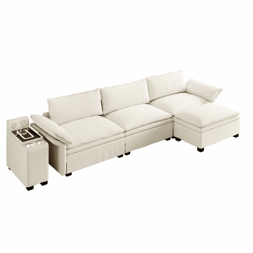 Sofá modular em L com 315 cm e 4 lugares u2013 com arrumação, otomana, carregamento sem fios, altifalantes, luzes LED e porta-copos, estofo em chenille tipo «cloud» u2013 bege Sofá modular em L com 315 cm e 4 lugares u2013 com arrumação, otomana, carregamento sem fios, altifalantes, luzes LED e porta-copos, estofo em chenille tipo «cloud» u2013 bege