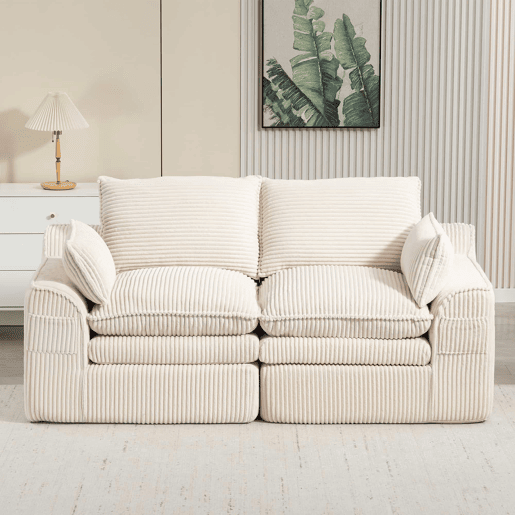 Sofá modular de 2 lugares - com almofadas e dois bolsos laterais de tamanhos diferentes, espuma de 3 camadas + molas para uma rápida recuperação - Bege