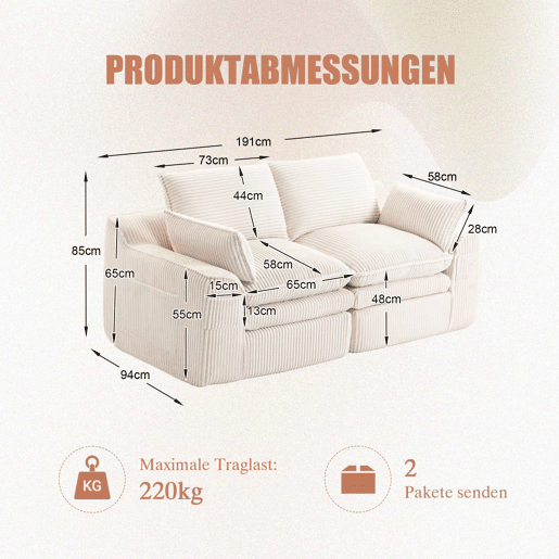 Sofá modular de 2 lugares - com almofadas e dois bolsos laterais de tamanhos diferentes, espuma de 3 camadas + molas para uma rápida recuperação - Bege