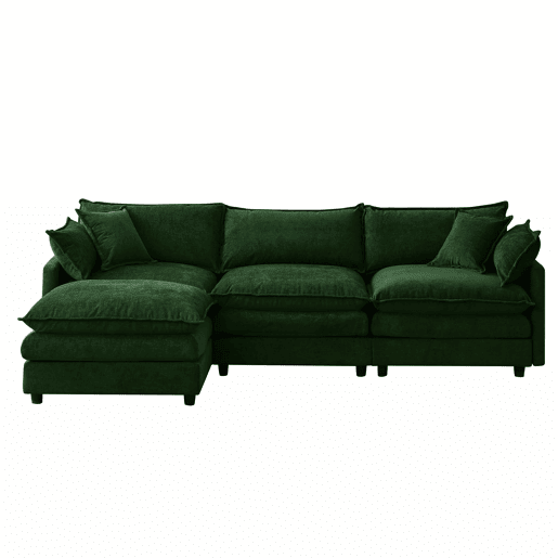 Sofá de canto modular de 3 lugares - chenille com chaise longue e pufe, sofá em L para espaços pequenos, sala de estar e lounge, conforto familiar e respirável - verde